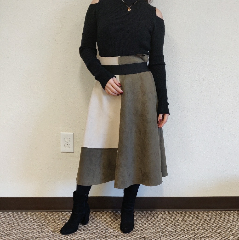 High waist fashion suede long skirt